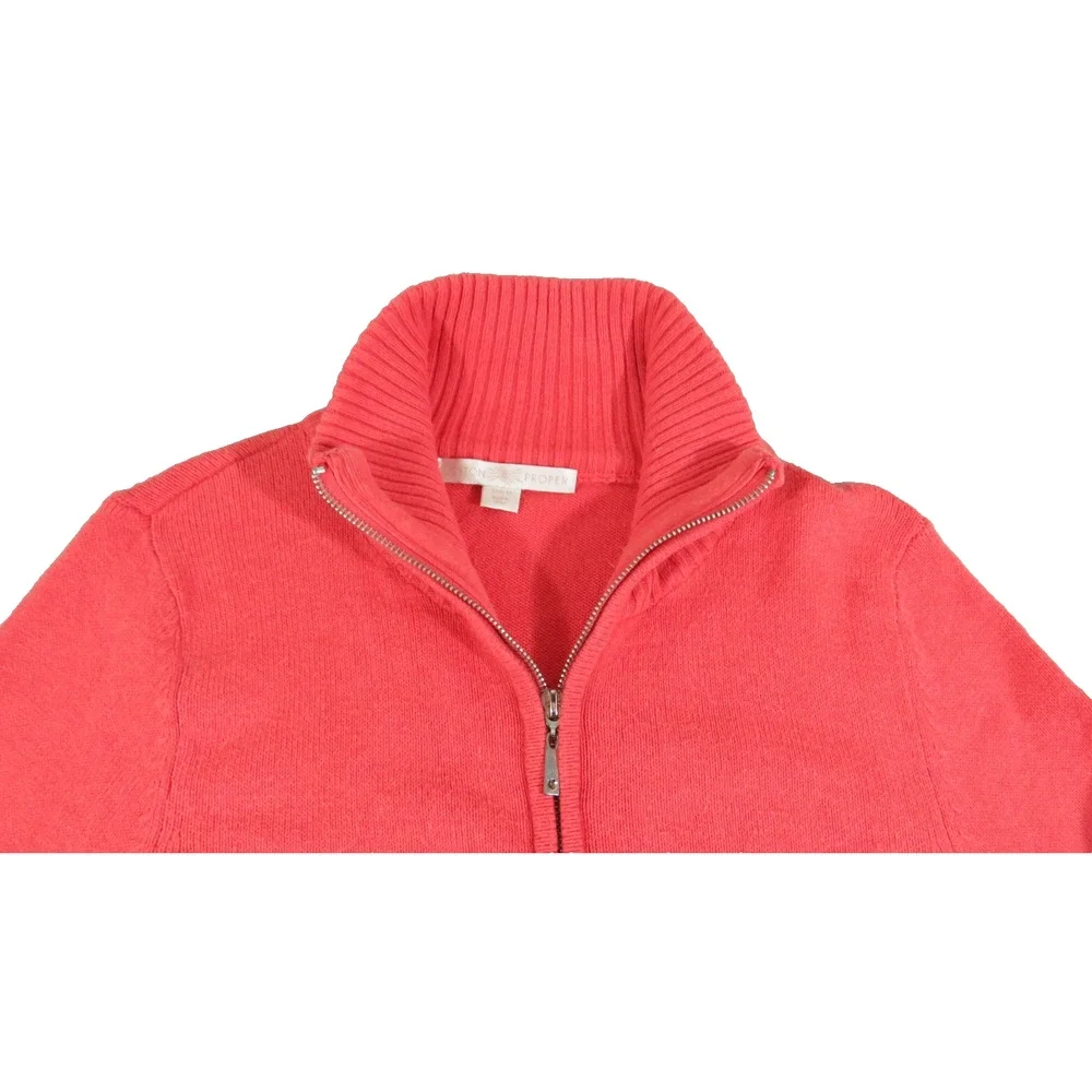Boston Proper Zip Silk Blend Sweater Womens M Coral Knit Ribbed Stretch Cardigan